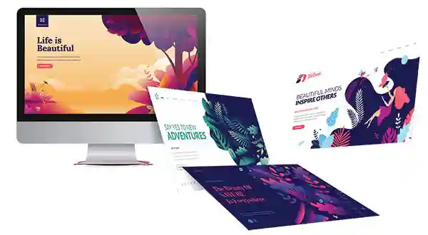 Mockup of a desktop website screen with colorful floating web design layouts