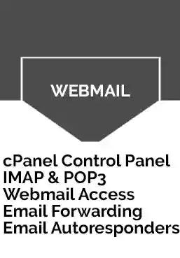 Webmail and cPanel email features graphic with IMAP, POP3, forwarding, and autoresponders