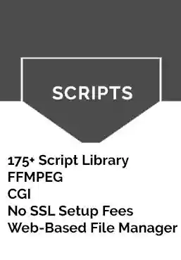 Gray and white feature card labeled Scripts with a list of hosting tools and server features.
