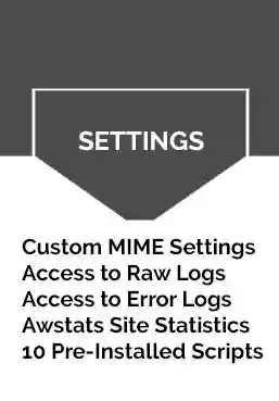Website hosting settings graphic listing custom MIME settings, raw logs, error logs, site statistics, and pre-installed scripts